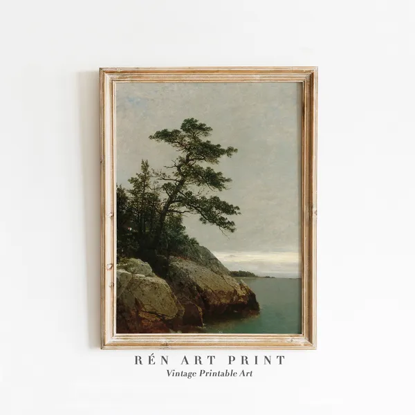 Vintage Landscape Painting Art Print, Rustic Coastal