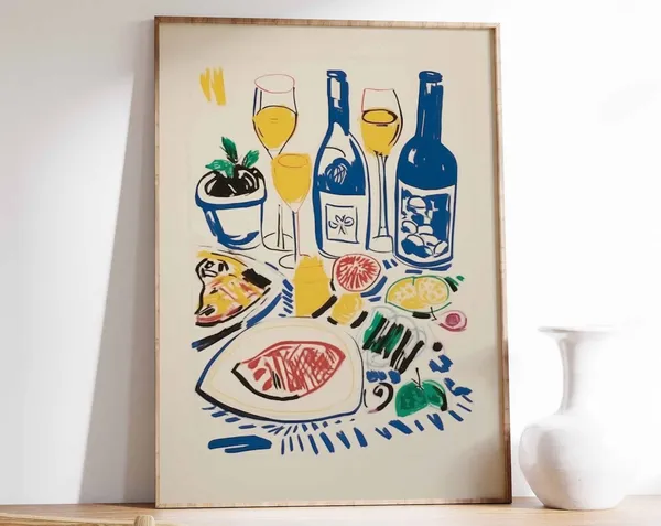 Vintage Wine And Food Art Print, Kitchen Decor