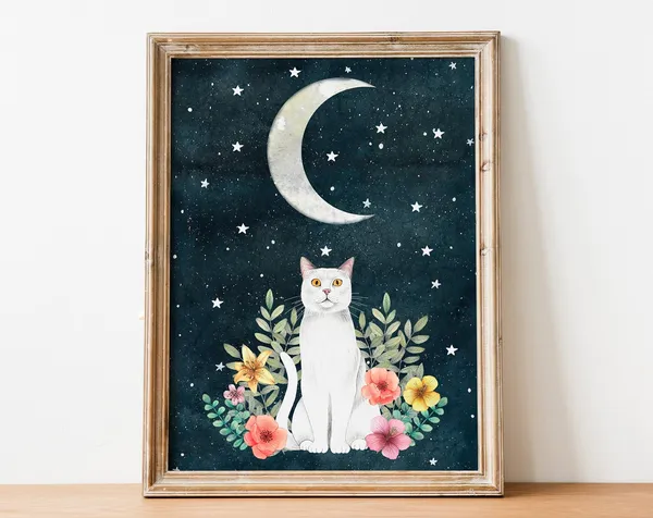Night Cat Art Print, Moon and Stars Kids Decor
