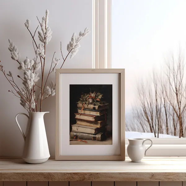 Vintage Christmas Still Life Art Print, Rustic Winter