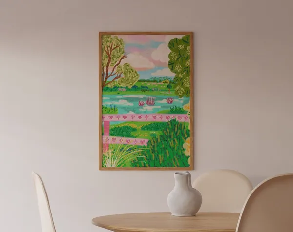 Colorful Garden and Lake Scenery Art Print