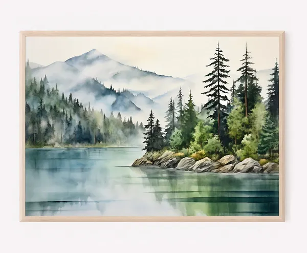 Mountain Lake Watercolor Pine Tree Wall Art Print