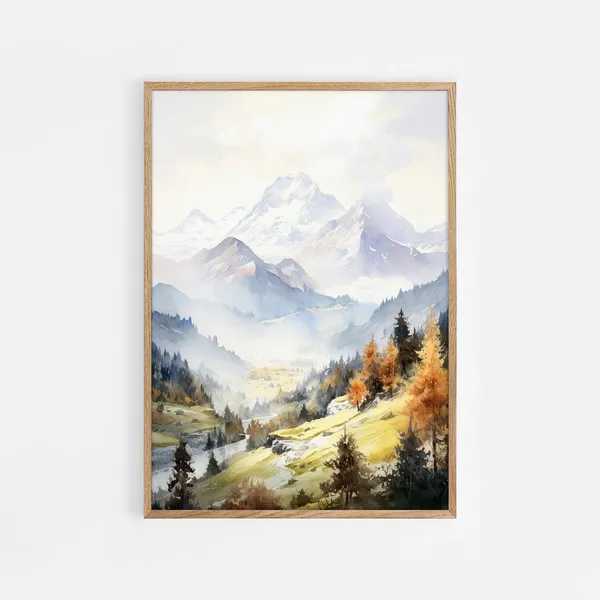 Switzerland Watercolor Travel Poster, Autumn Mountains