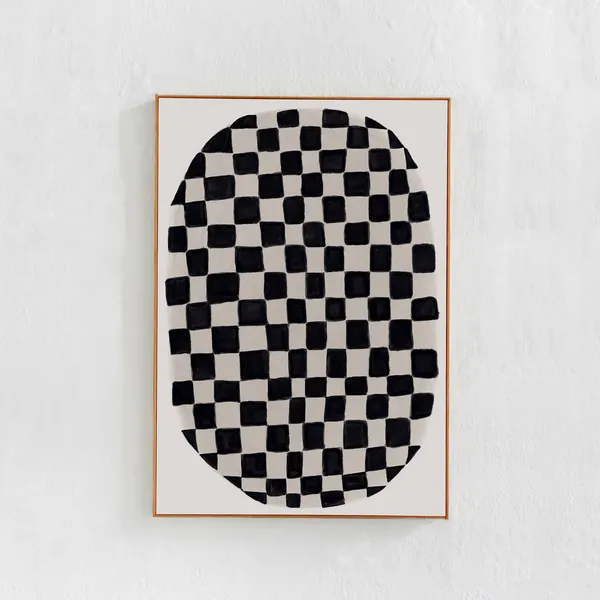 Scandi Modern Checkered Oval Art Print, Black and White