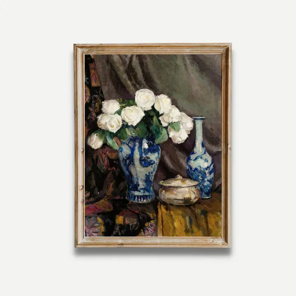 Still Life With White Roses, Vintage Floral Art