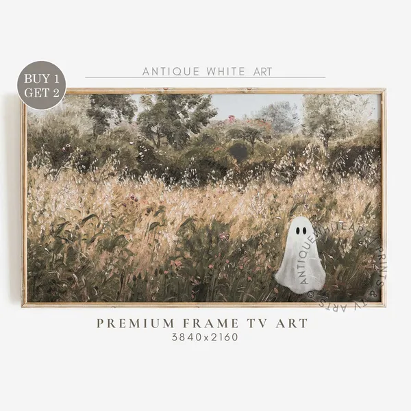 Cute Ghost in Autumn Landscape, Halloween Art Print