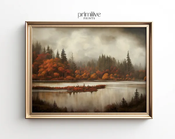 Autumn Landscape Print, Fall Foliage Lake Scene