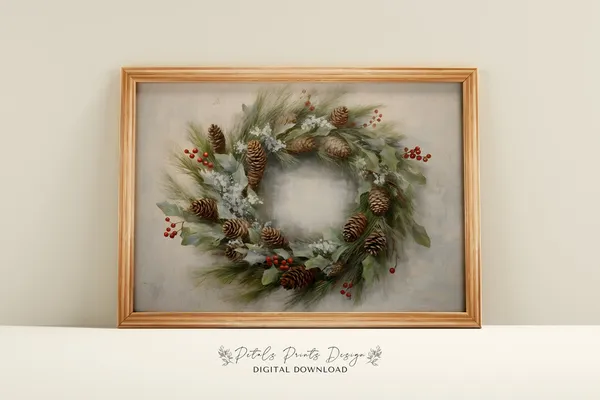 Christmas Wreath Still Life, Vintage Holiday Art Print