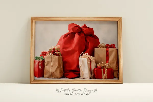 Vintage Christmas Presents Art Print, Rustic Holiday Decor
