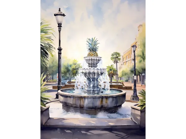 Pineapple Fountain Charleston Watercolor Travel Poster