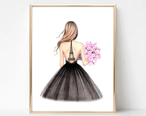 Paris Fashion Illustration, Eiffel Tower Art Print
