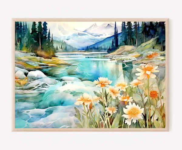 Mountain Landscape With Lake Meadow Flowers Art Print