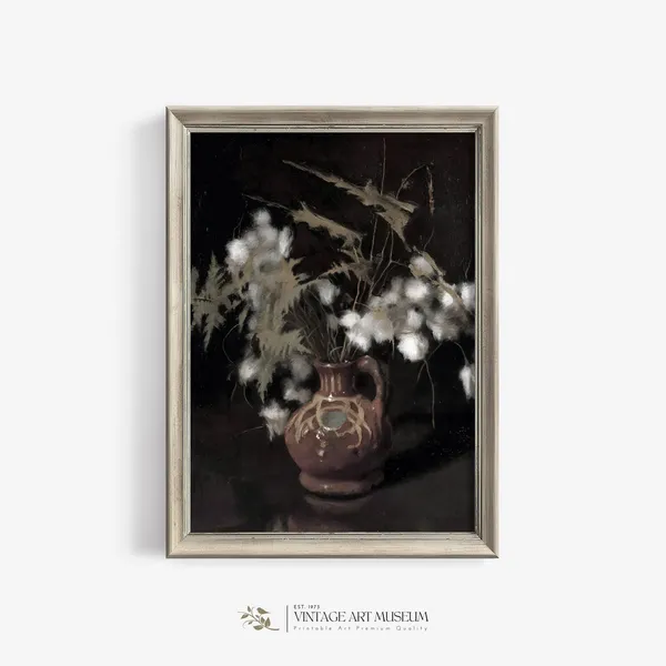 Vintage Dark Still Life Flowers, Antique Oil Paint Art Print