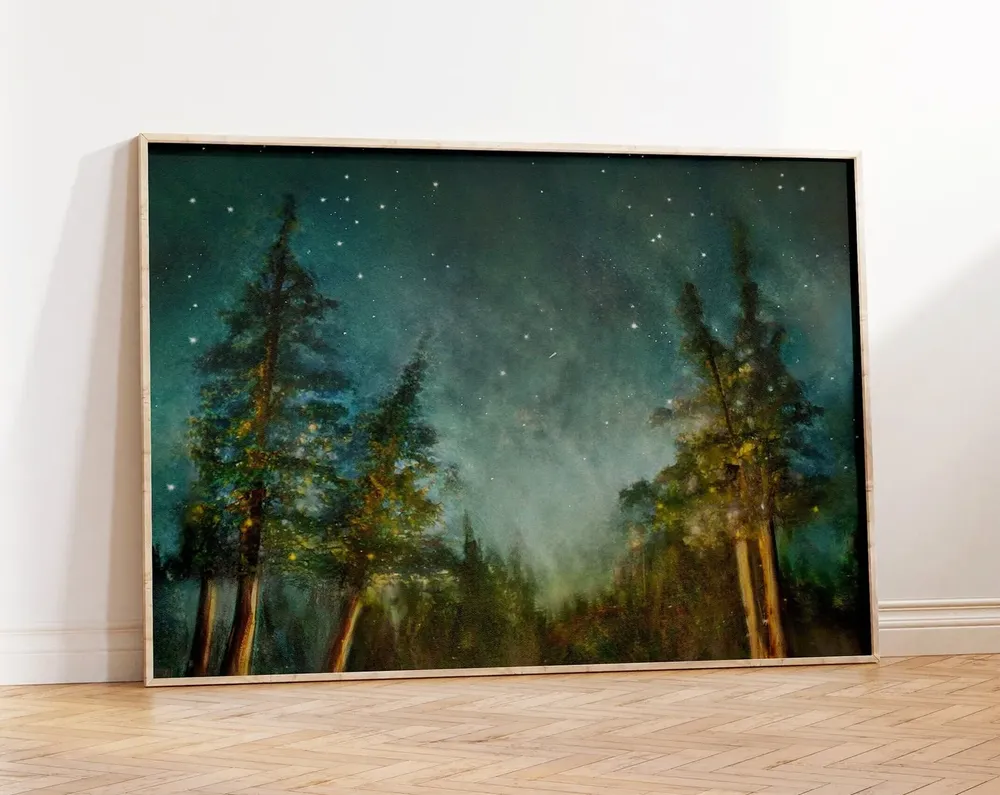 Moody Forest Painting, Starry Night Pines Art Print