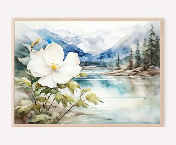 Mountain Lake Watercolor Landscape Art Print, Neutral