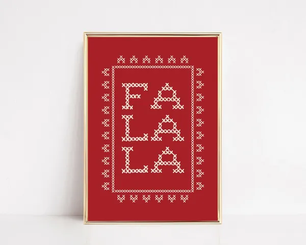 Fa La La Red Kitschy Christmas Cross Stitch Print