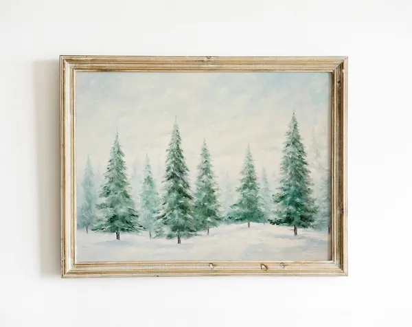 Christmas Trees Art Print, Vintage Rustic Winter