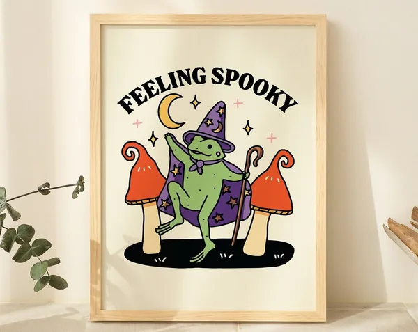 Wizard Frog Halloween Art Print, Spooky Mushroom Decor