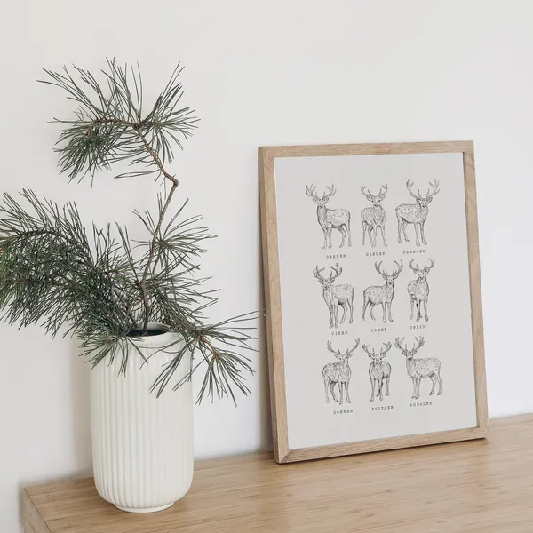 Reindeer Christmas Decor, Rustic Vintage Style Sketch Poster