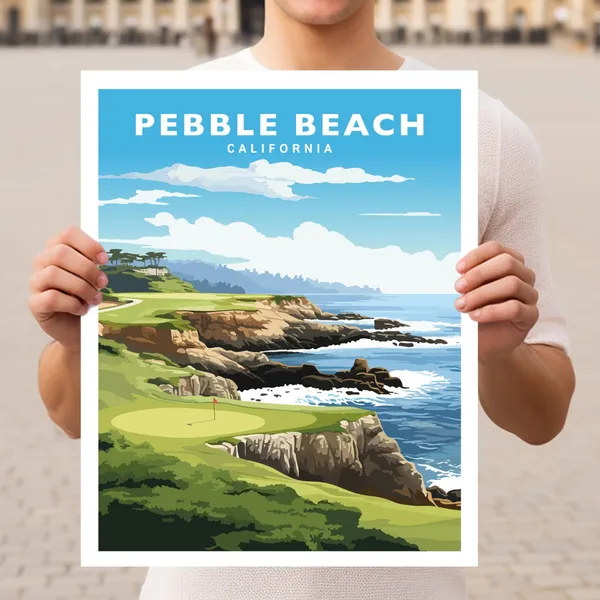Pebble Beach California Travel Poster, Coastal View