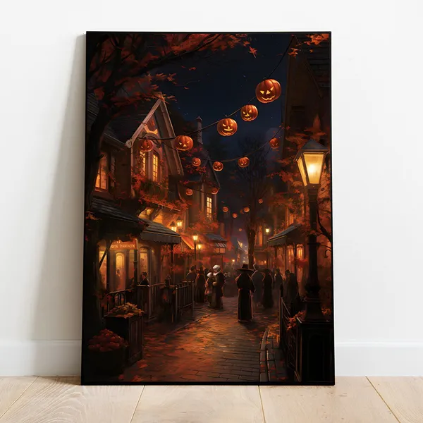 Halloween Village Painting, Moody Halloween Art Print