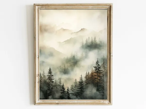 Misty Forest Watercolor Landscape Art Print