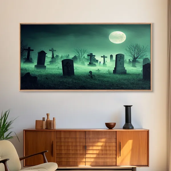 Full Moon Over A Haunted Cemetery At Night Art Print