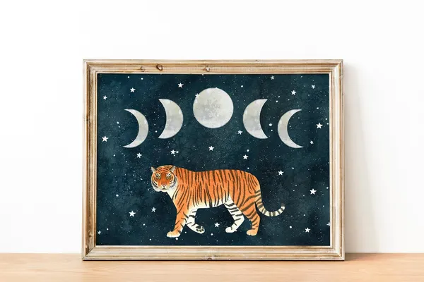 Tiger Moon Animal Illustration, Celestial Art Print