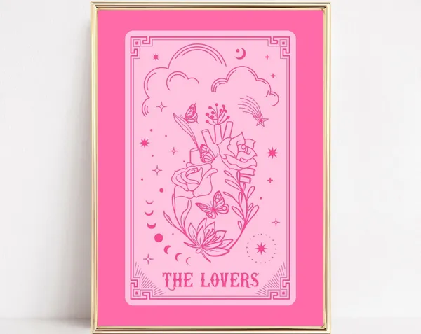 The Lovers Tarot, Pink and Red Tarot Art Print