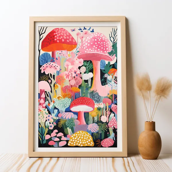 Pink Mushrooms Wonderland Poster, Whimsical Boho Nursery