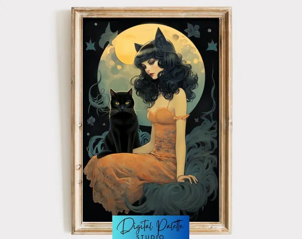 Vintage Woman With Cat Halloween Art Print