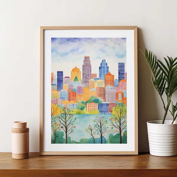 Austin Texas Watercolor Travel Poster, Modern Style