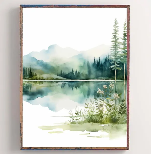 Forest Lake Sunrise Watercolor Landscape Art Print