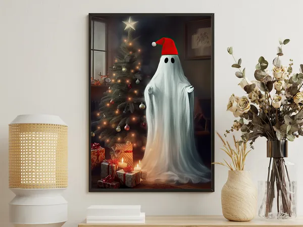 Christmas Ghost Beside Xmas Tree, Dark Gothic Art Print