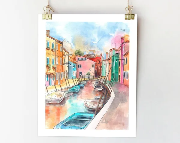 Burano Italy Watercolor Art Print, Venice Houses