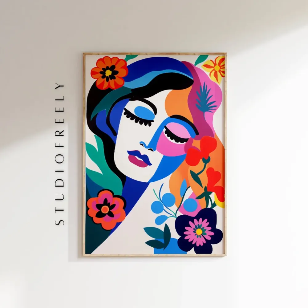 Abstract Face Art Print, Modern Cubist Floral Portrait