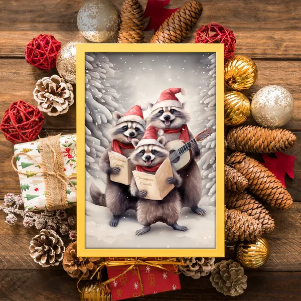 Christmas Raccoon Carolers Vintage Art Print