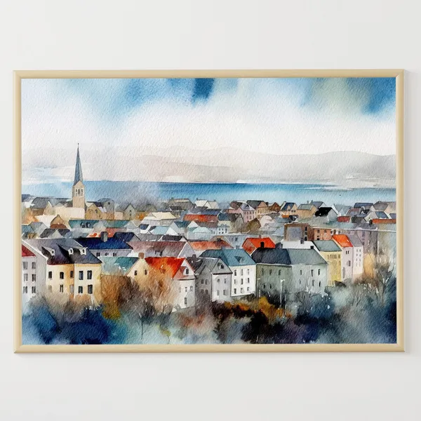 Reykjavik Watercolor Art Print, Iceland Travel Poster