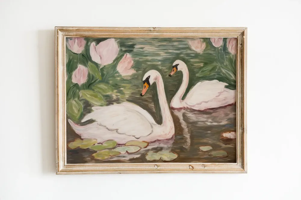 Swan Print, Pink and Green Decor Poster