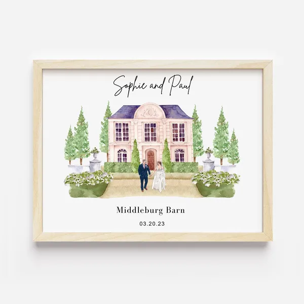 Wedding Venue Watercolor Art Print, Custom Portrait