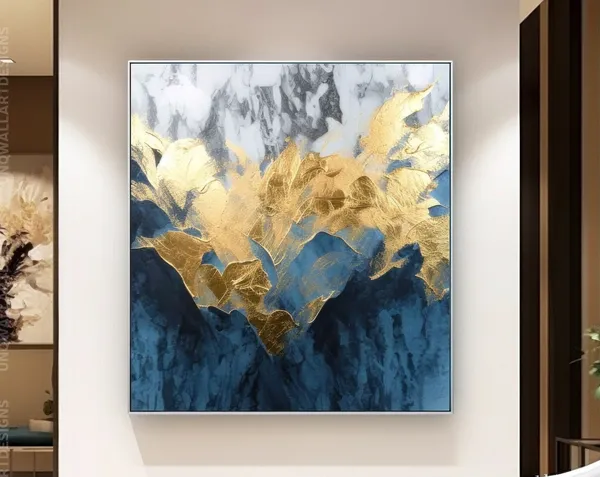 Blue Gold Leaf Abstract Art, Grey Gold Texture Print