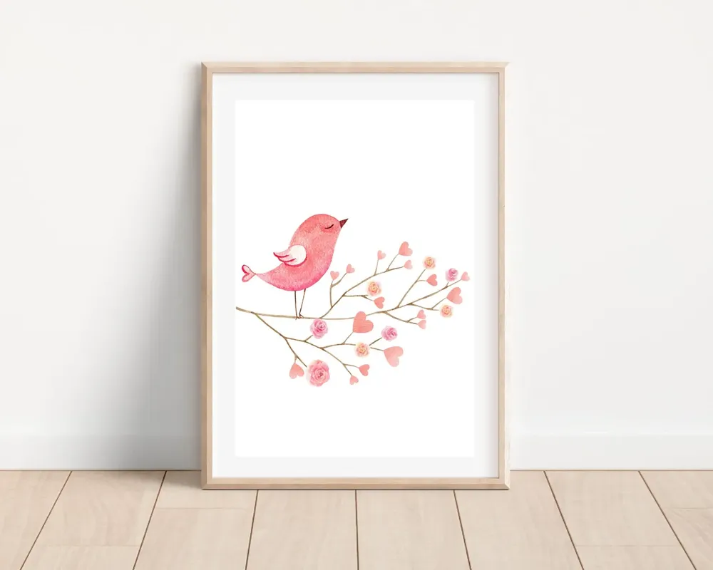 Watercolor Bird and Flowers Boho Nursery Art Print
