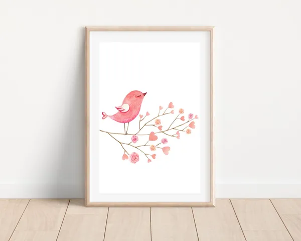 Watercolor Bird and Flowers Boho Nursery Art Print