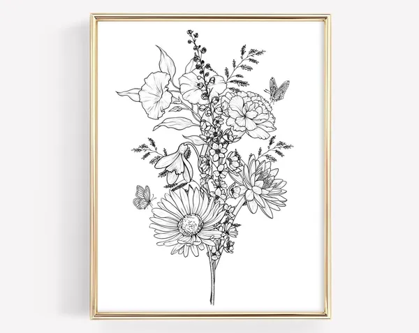 Custom Birth Flower Bouquet Tattoo Minimalist Art Print