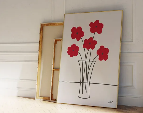 Poppies In Vase, Mid-Century Line Art Art Print