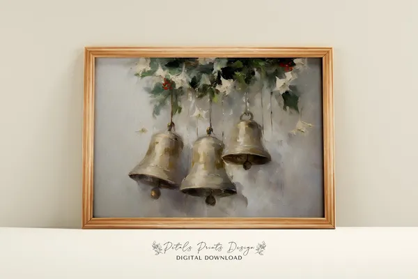Christmas Bells Still Life, Rustic Vintage Holiday Art Print