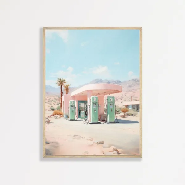 Retro Gas Station Wall Art Print, Muted Pastel