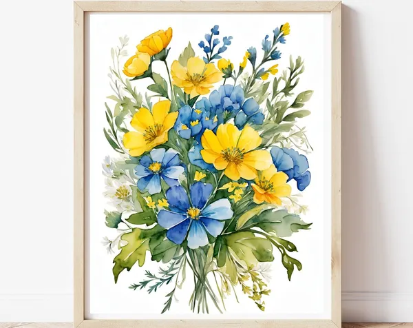 Blue and Yellow Flower Watercolor Art Print