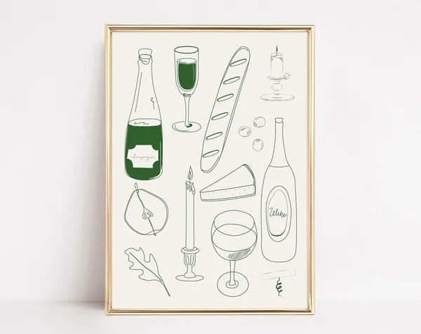 Wine And Cheese Kitchen Art Print, Cocktail Bar Decor