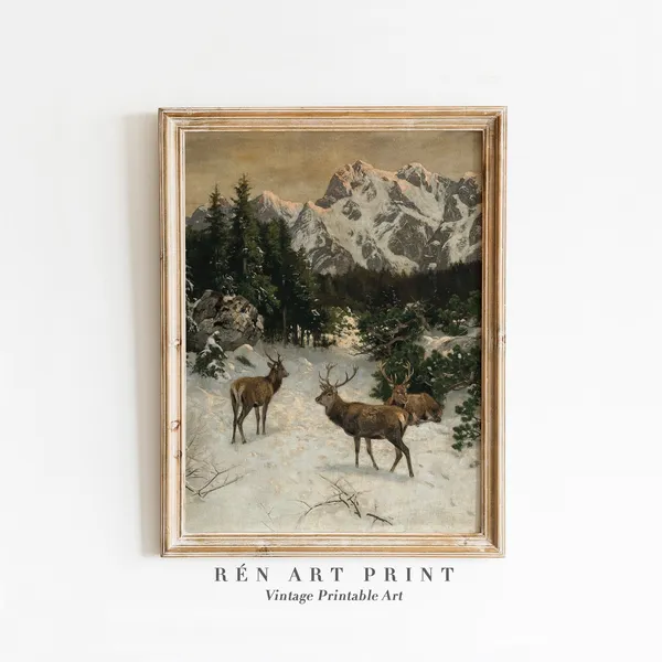 Vintage Winter Landscape Deer Print, Rustic Christmas